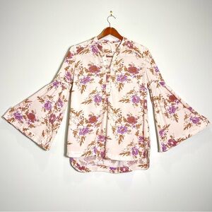 FREE PEOPLE Bell Sleeve Lavender Tan Floral Boho Blouse Size X-Small
